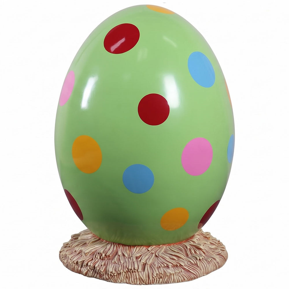 Heinimex Easter Egg 3ft. on Straw Base seasonal decor, high-gloss green finish with colorful polka dots, playful spring aesthetic front view