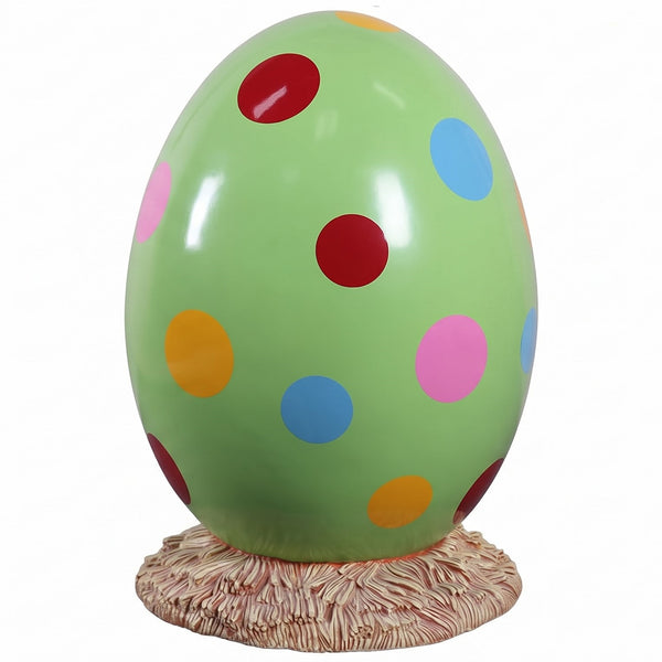 Heinimex Easter Egg 3ft. on Straw Base seasonal decor, high-gloss green finish with colorful polka dots, playful spring aesthetic front view