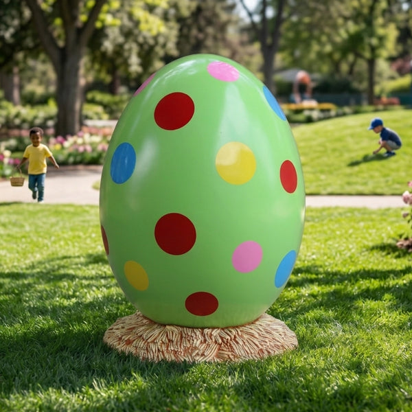 Heinimex Easter Egg 3ft. on Straw Base seasonal decor, high-gloss green finish with colorful polka dots, playful spring aesthetic lifestyle photo