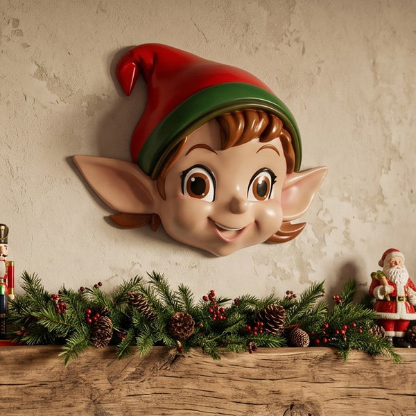 Heinimex Elf Head Wall Plaque (not in AUS) Christmas decor, smooth vibrant painted finish, playful whimsical holiday style lifestyle shot