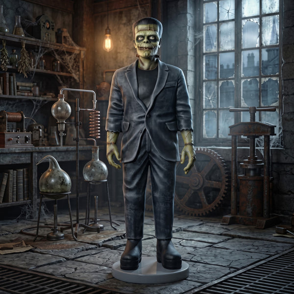 Heinimex Frankenstein 6ft Halloween decor, distressed realistic painted finish, classic spooky horror style in lifestyle photo
