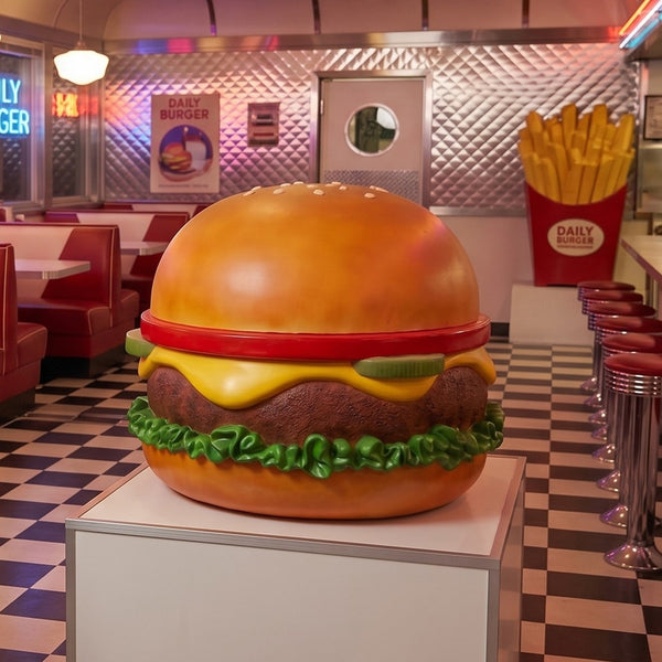 Heinimex giant burger commercial display, vibrant textured painted finish, oversized realistic style lifestyle
