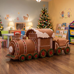 Heinimex Gingerbread Train with Cart set Christmas decor, textured gingerbread and painted icing finish, playful holiday display in set lifetyle photo
