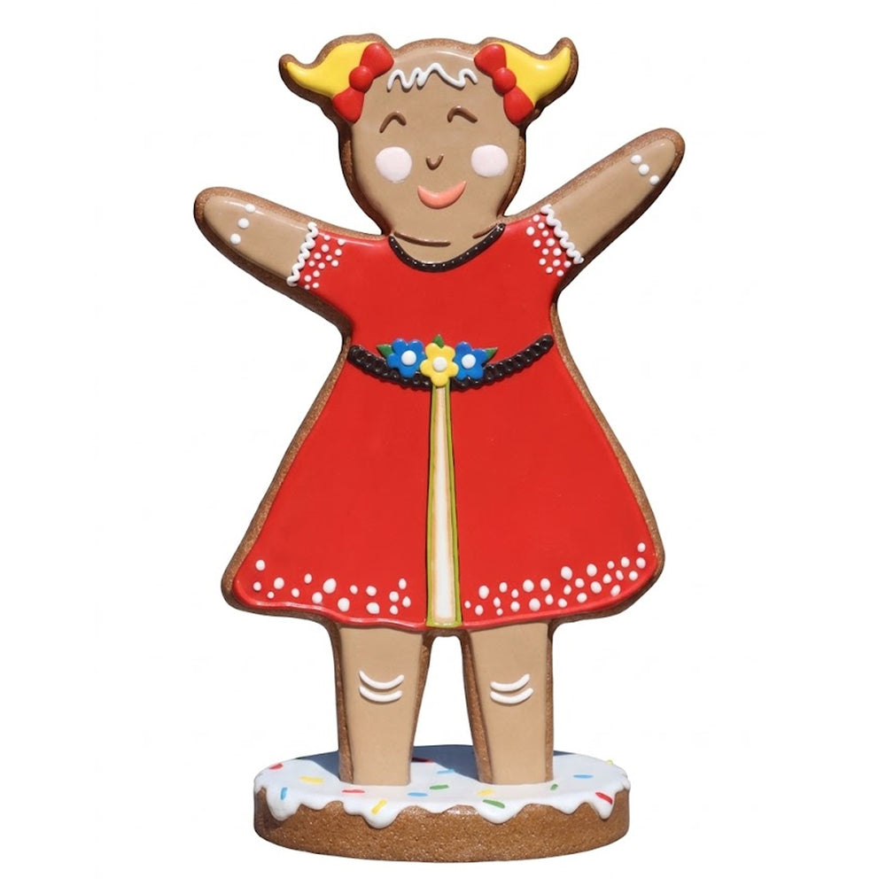 Heinimex 56-inch Gingerbread Girl Christmas decor, textured gingerbread and vibrant painted icing finish, playful holiday display angle view
