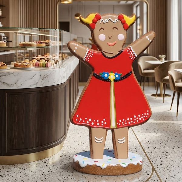 Heinimex 56-inch Gingerbread Girl Christmas decor, textured gingerbread and vibrant painted icing finish, playful holiday display lifestyle photo