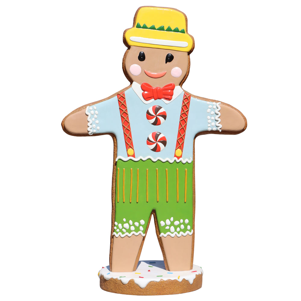 Heinimex 72-inch Gingerbread Man Christmas decor, textured gingerbread and vibrant painted icing finish, playful holiday front view