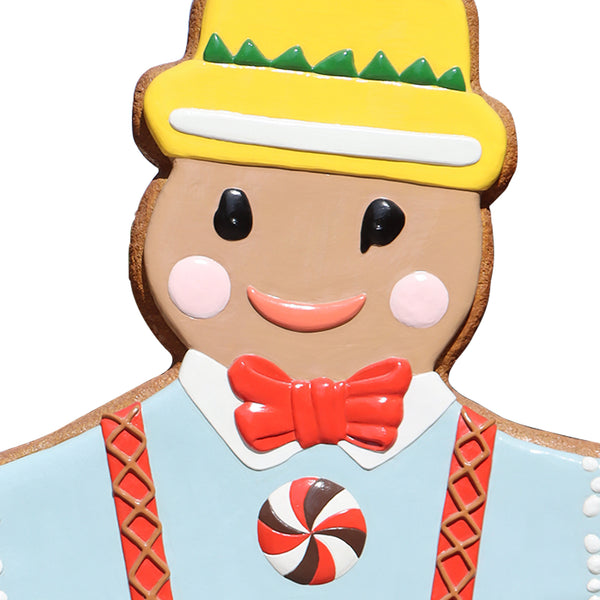 Heinimex 72-inch Gingerbread Man Christmas decor, textured gingerbread and vibrant painted icing finish, playful holiday close up detail