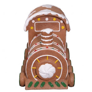 Heinimex Gingerbread Train Christmas decor, textured gingerbread and painted icing finish with snow accents, playful holiday display front view