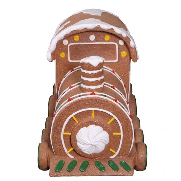 Heinimex Gingerbread Train Christmas decor, textured gingerbread and painted icing finish with snow accents, playful holiday display front view