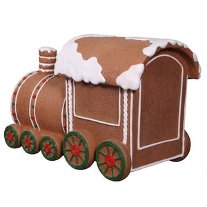 Heinimex Gingerbread Train Christmas decor, textured gingerbread and painted icing finish with snow accents, playful holiday display angle back view