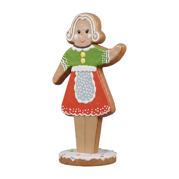 Heinimex 69-inch Gingerbread Woman Christmas decor, textured gingerbread and vibrant painted icing finish, playful holiday angle view