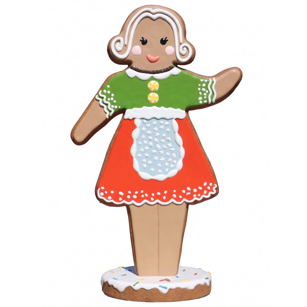 Heinimex 69-inch Gingerbread Woman Christmas decor, textured gingerbread and vibrant painted icing finish, playful holiday angle view