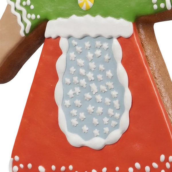 Heinimex 69-inch Gingerbread Woman Christmas decor, textured gingerbread and vibrant painted icing finish, playful holiday close up detail