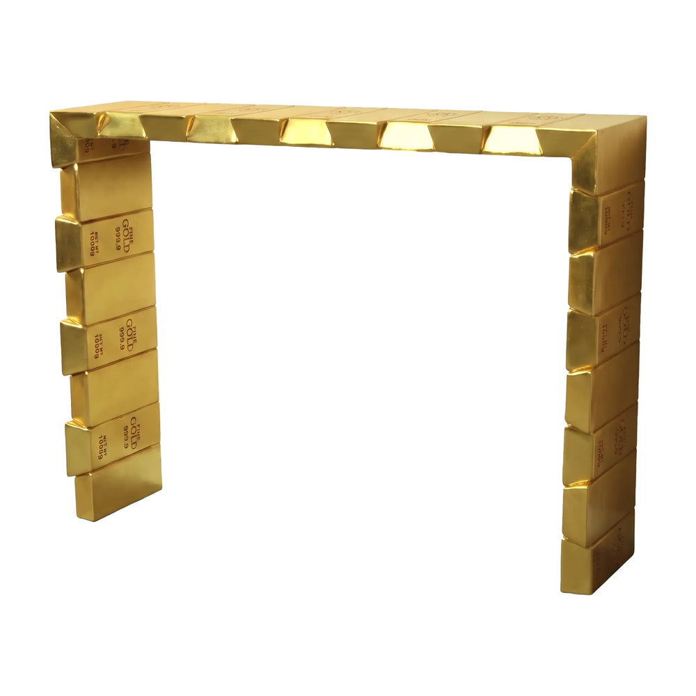 Heinimex Gold Bar Console table, reflective metallic gold finish, modern luxury opulent style angle view