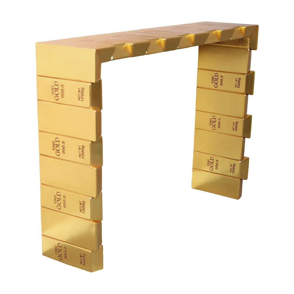 Heinimex Gold Bar Console table, reflective metallic gold finish, modern luxury opulent style angle view