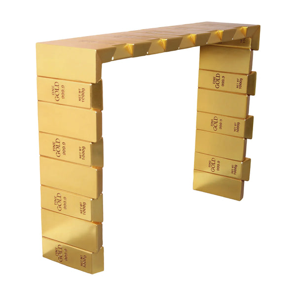 Heinimex Gold Bar Console table, reflective metallic gold finish, modern luxury opulent style right angle view