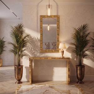 Heinimex Gold Bar Console  and Rectangular Mirror, reflective metallic gold finish, modern luxury opulent style lifestyle setting