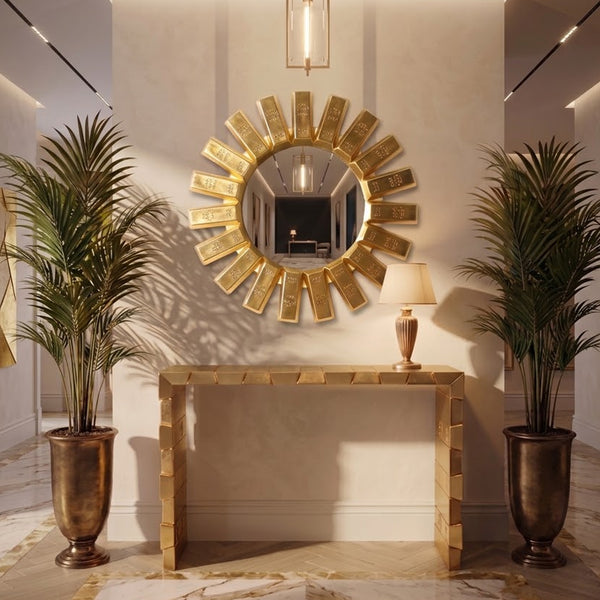 Heinimex Gold Bar Console  and Round Mirror, reflective metallic gold finish, modern luxury opulent style lifestyle setting