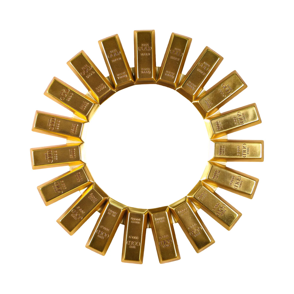 Heinimex Gold Bar Round Mirror, brilliant gold leaf finish, modern luxury opulent style front view