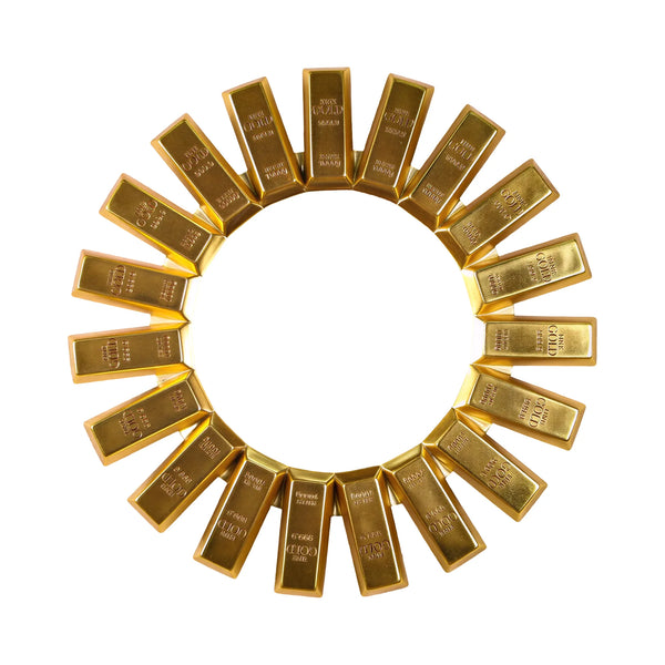 Heinimex Gold Bar Round Mirror, brilliant gold leaf finish, modern luxury opulent style front view