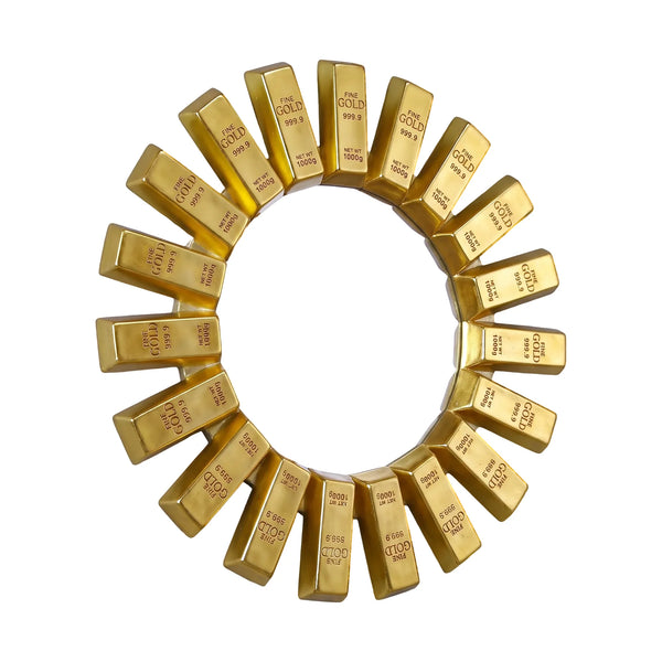 Heinimex Gold Bar Round Mirror, brilliant gold leaf finish, modern luxury opulent style angle view