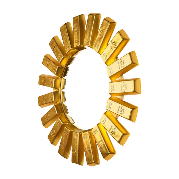 Heinimex Gold Bar Round Mirror, brilliant gold leaf finish, modern luxury opulent style side view