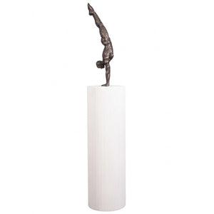 Heinimex Gymnast on Groovy Pedestal sculpture, textured Imperial Bronze finish on matte white, modern luxury gallery style side view