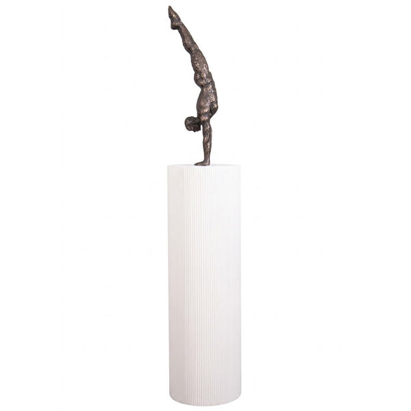 Heinimex Gymnast on Groovy Pedestal sculpture, textured Imperial Bronze finish on matte white, modern luxury gallery style side view