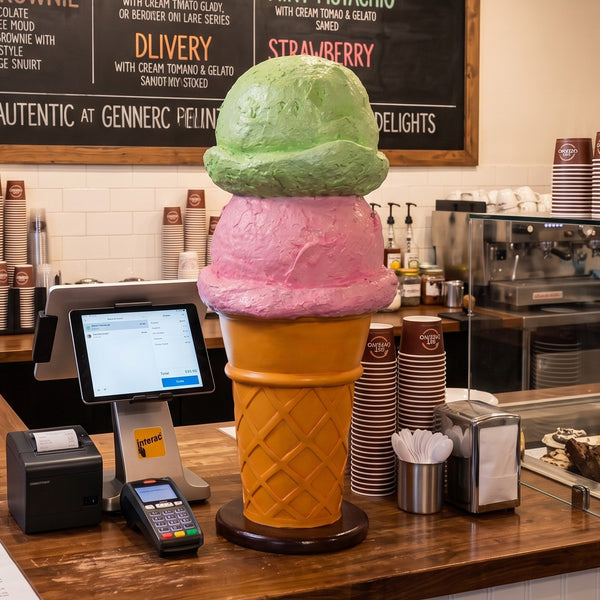 Heinimex 2 Scoops Ice Cream 2ft display, textured mint green and pink painted finish, playful oversized food prop style lifestyle setting