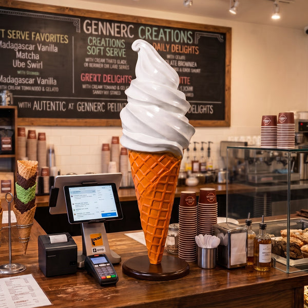 Heinimex Soft Serve Ice Cream 2Ft display, smooth vanilla painted finish, playful oversized food prop lifestyle setting