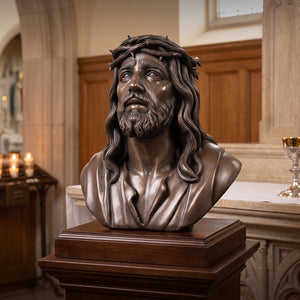 Heinimex Jesus Bust human figure statue, classic bronze finish, traditional religious sculptural lifestyle setting