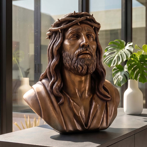Heinimex Jesus Bust in Bronze Finish statue, realistic metallic bronze patina finish with crown of thorns, classic religious display lifestyle photo