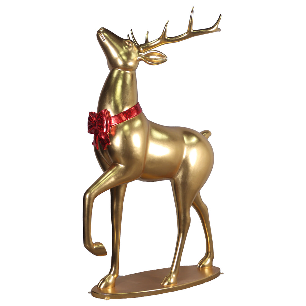 Heinimex 290cm Majestic Stag Christmas decor, brilliant gold leaf and red leaf finish, upscale luxury holiday style angle view