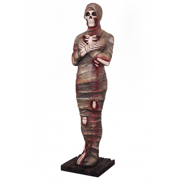 Heinimex 6Ft Mummy Statue Halloween decor, textured aged bandage and exposed bone finish, realistic ancient tomb display style angle view