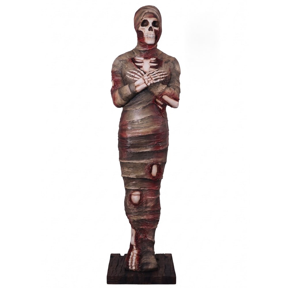 Heinimex 6Ft Mummy Statue Halloween decor, textured aged bandage and exposed bone finish, realistic ancient tomb display style angle view