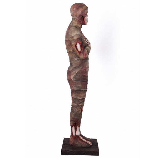 Heinimex 6Ft Mummy Statue Halloween decor, textured aged bandage and exposed bone finish, realistic ancient tomb display style side view