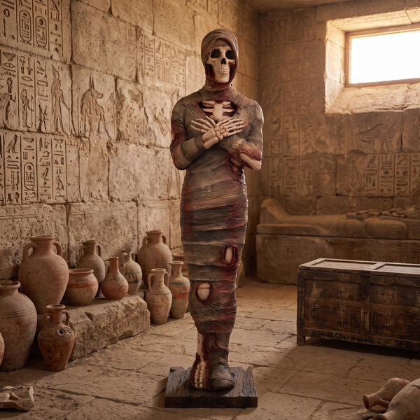 Heinimex 6Ft Mummy Statue Halloween decor, textured aged bandage and exposed bone finish, realistic ancient tomb display lifestyle setting