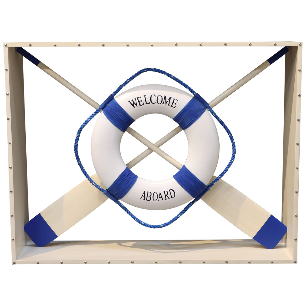 Heinimex Nautical Console table, crisp white and blue painted finish, coastal maritime display style front view