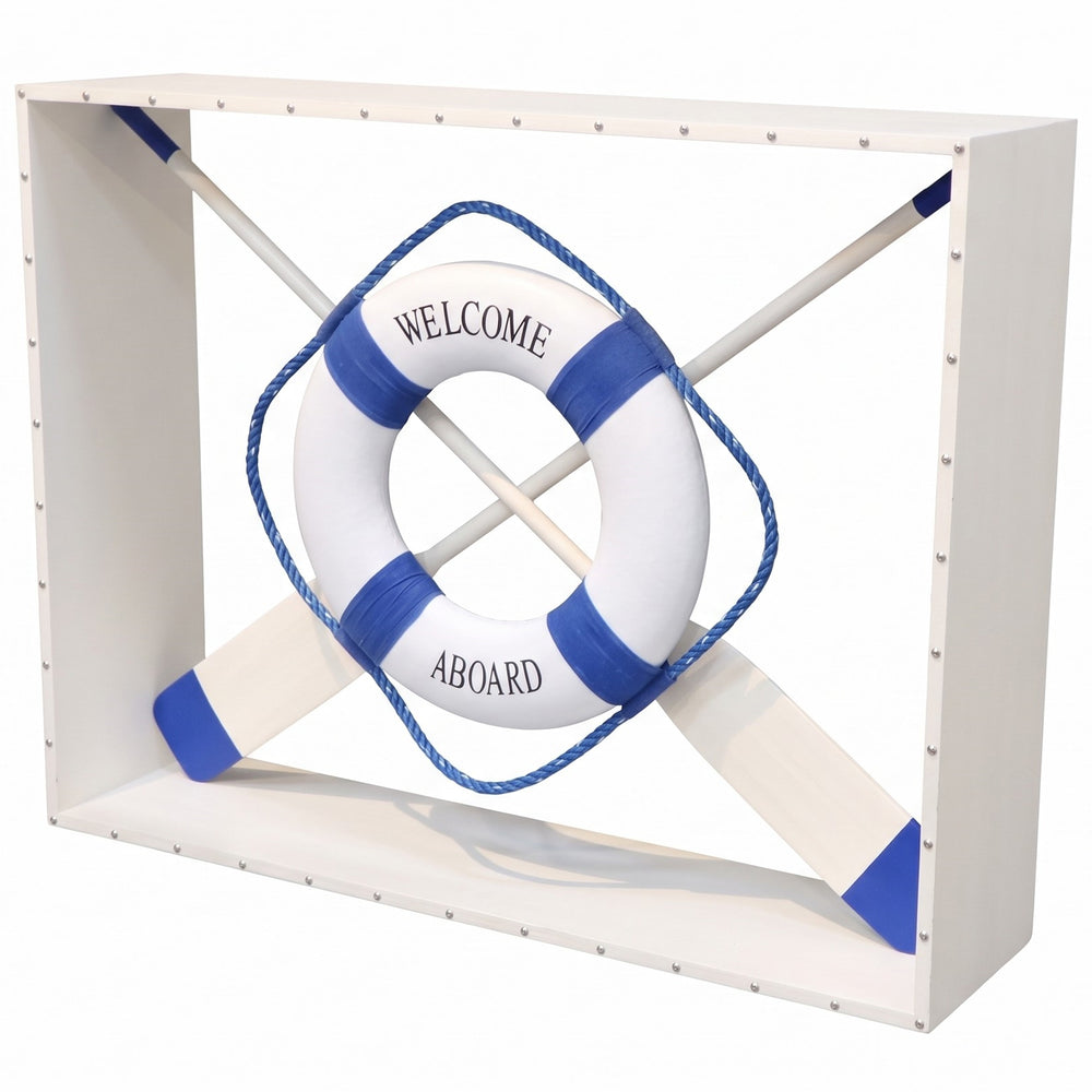 Heinimex Nautical Console table, crisp white and blue painted finish, coastal maritime display style front view