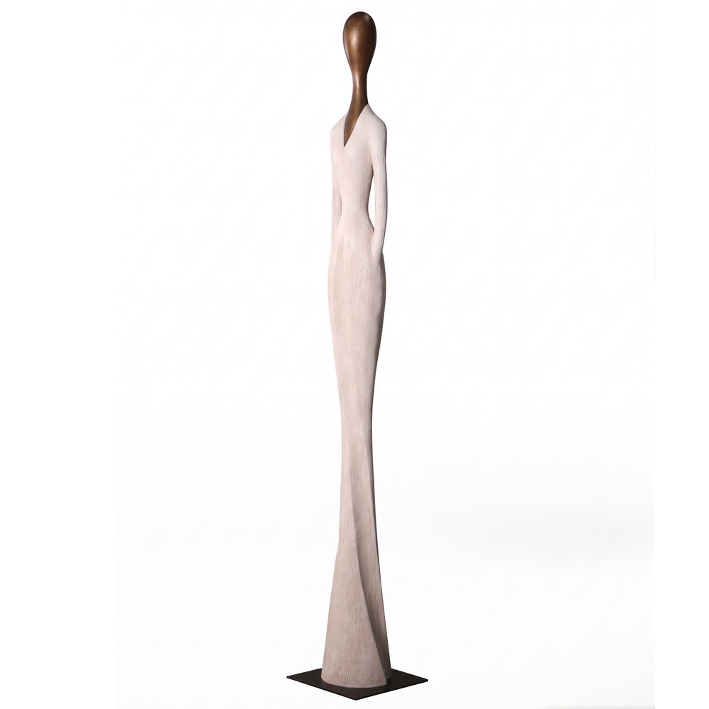 Heinimex 80-inch Paya elongated human figure statues, textured stone-look and smooth wood-tone finish, modern minimalist gallery style angle view