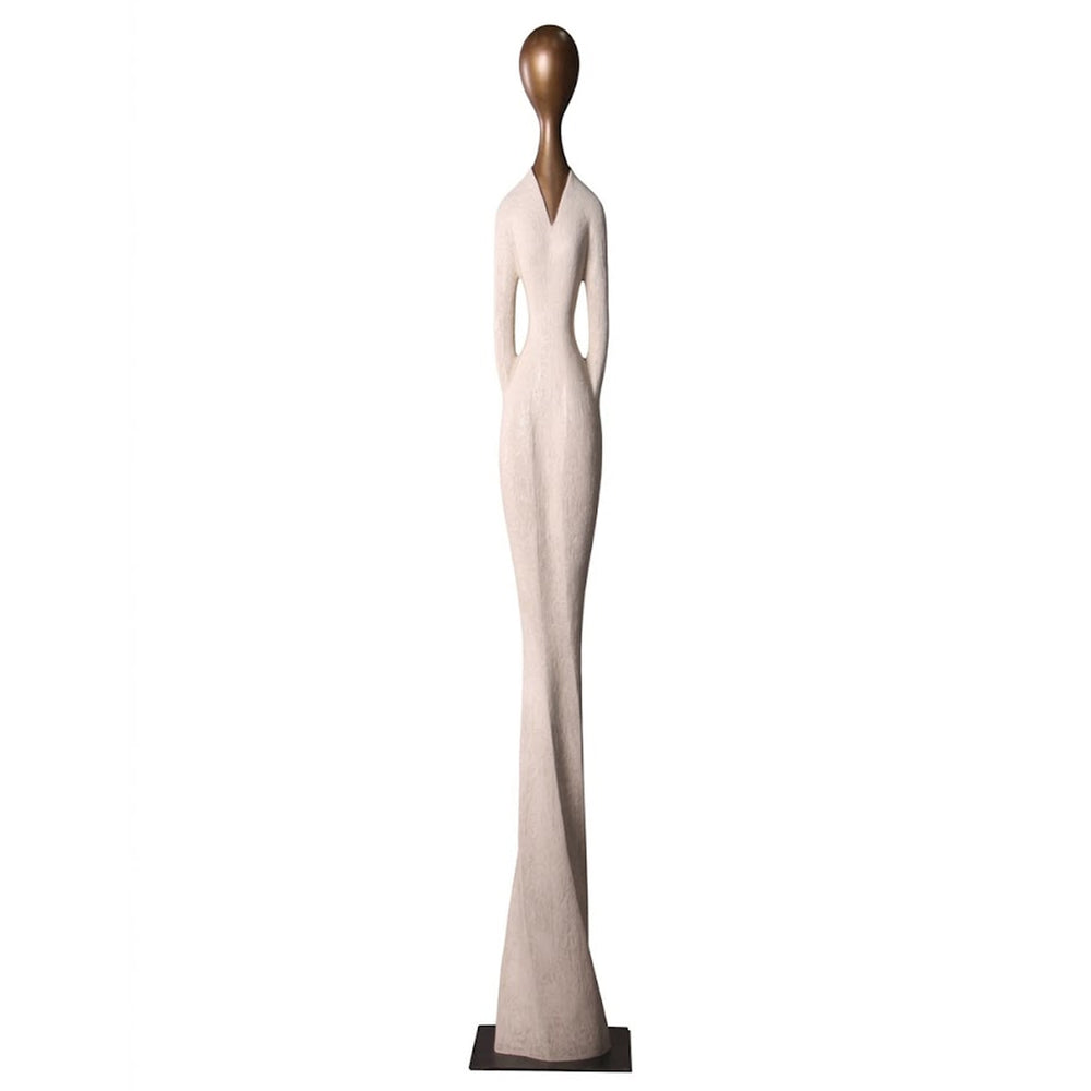 Heinimex 80-inch Paya elongated human figure statues, textured stone-look and smooth wood-tone finish, modern minimalist gallery style angle view