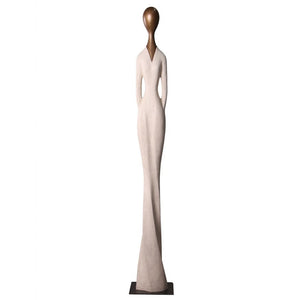 Heinimex 80-inch Paya elongated human figure statues, textured stone-look and smooth wood-tone finish, modern minimalist gallery style front view