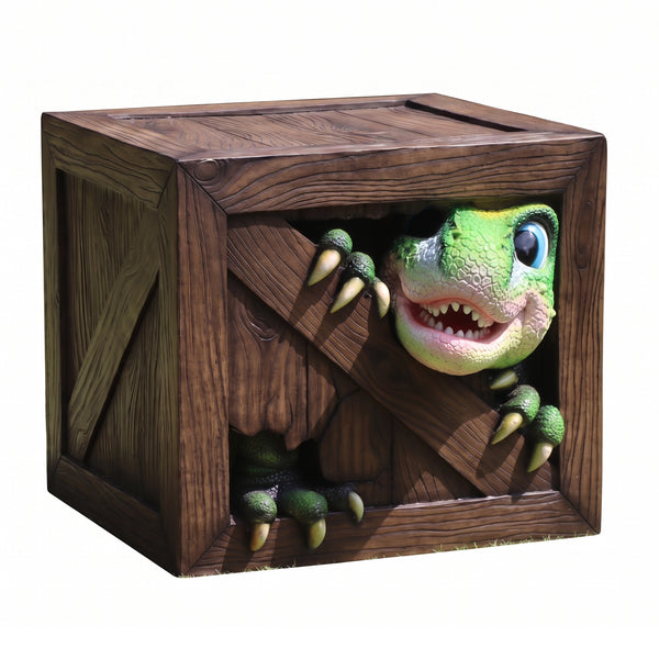 Heinimex Peek-a-Boo Dinosaurs Table, textured faux-wood and vibrant painted gelcoat finish, playful immersive playground style angle front view
