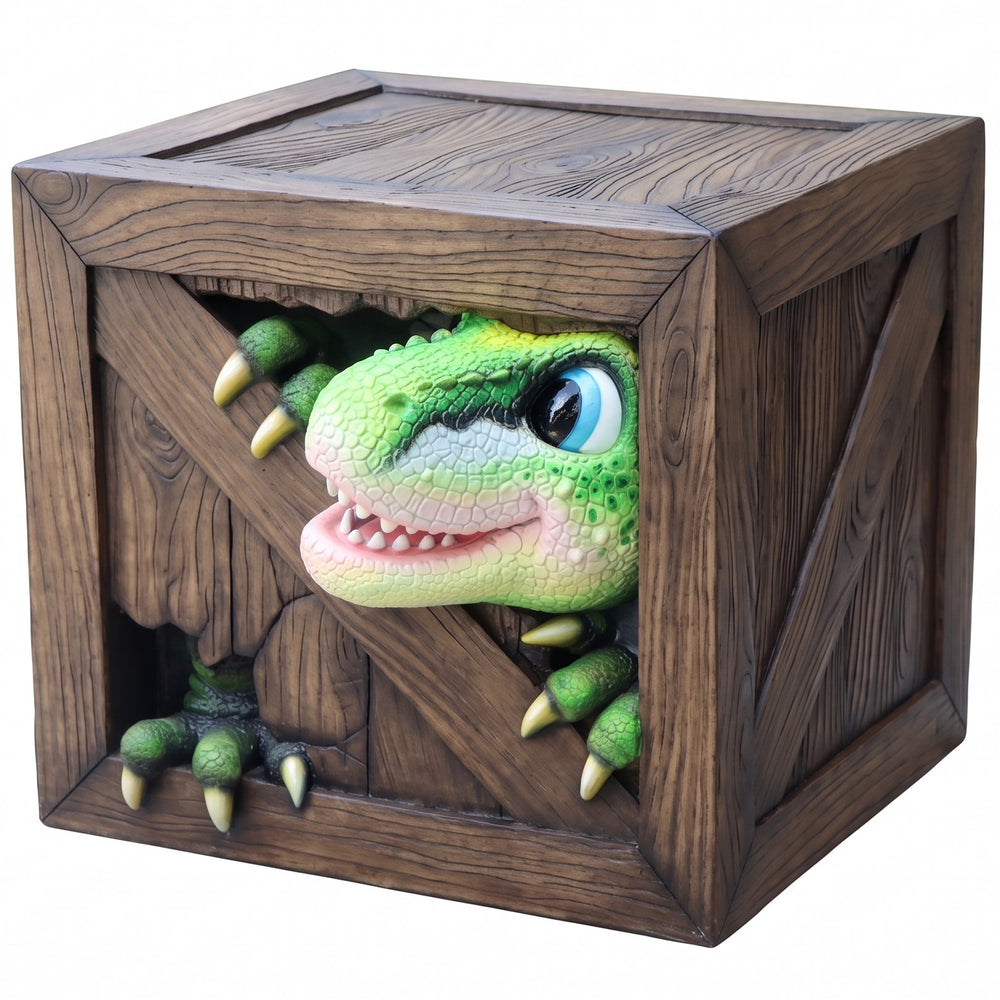 Heinimex Peek-a-Boo Dinosaurs Table, textured faux-wood and vibrant painted gelcoat finish, playful immersive playground style angle front view