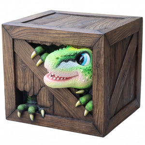 Heinimex Peek-a-Boo Dinosaurs Table, textured faux-wood and vibrant painted gelcoat finish, playful immersive playground style front view