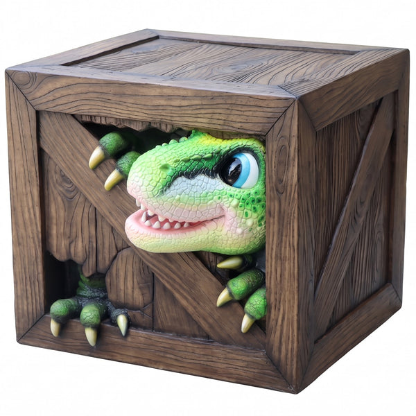 Heinimex Peek-a-Boo Dinosaurs Table, textured faux-wood and vibrant painted gelcoat finish, playful immersive playground style front view