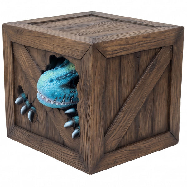 Heinimex Peek-a-Boo Dinosaurs Table, textured faux-wood and vibrant painted gelcoat finish, playful immersive playground style angel back view