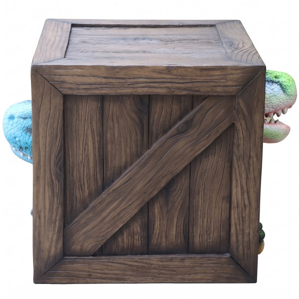 Heinimex Peek-a-Boo Dinosaurs Table, textured faux-wood and vibrant painted gelcoat finish, playful immersive playground style side view