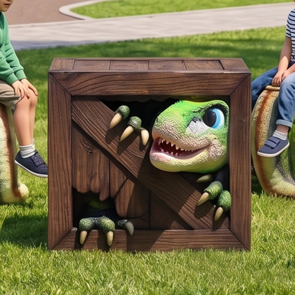 Heinimex Peek-a-Boo Dinosaurs Table, textured faux-wood and vibrant painted gelcoat finish, playful immersive playground lifestyle setting