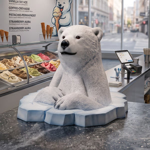 Heinimex Peeking Polar Bear Cub animal figure, textured faux-fur and sculpted ice finish, playful winter holiday display life style photo